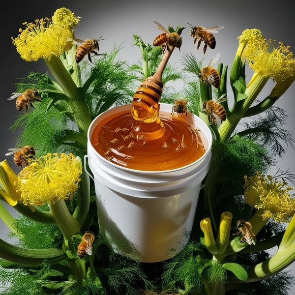 FennelhoneyinawhiteplasticBucketbacgroundfennelplantsflowersandbees3-1736946285409 Fennel Honey | Saunf Flora Honey – Bulk for Brands & Wholesalers - Image 1