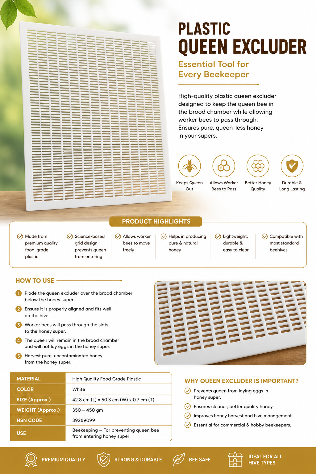 Premium Plastic Queen Excluder for Beehives