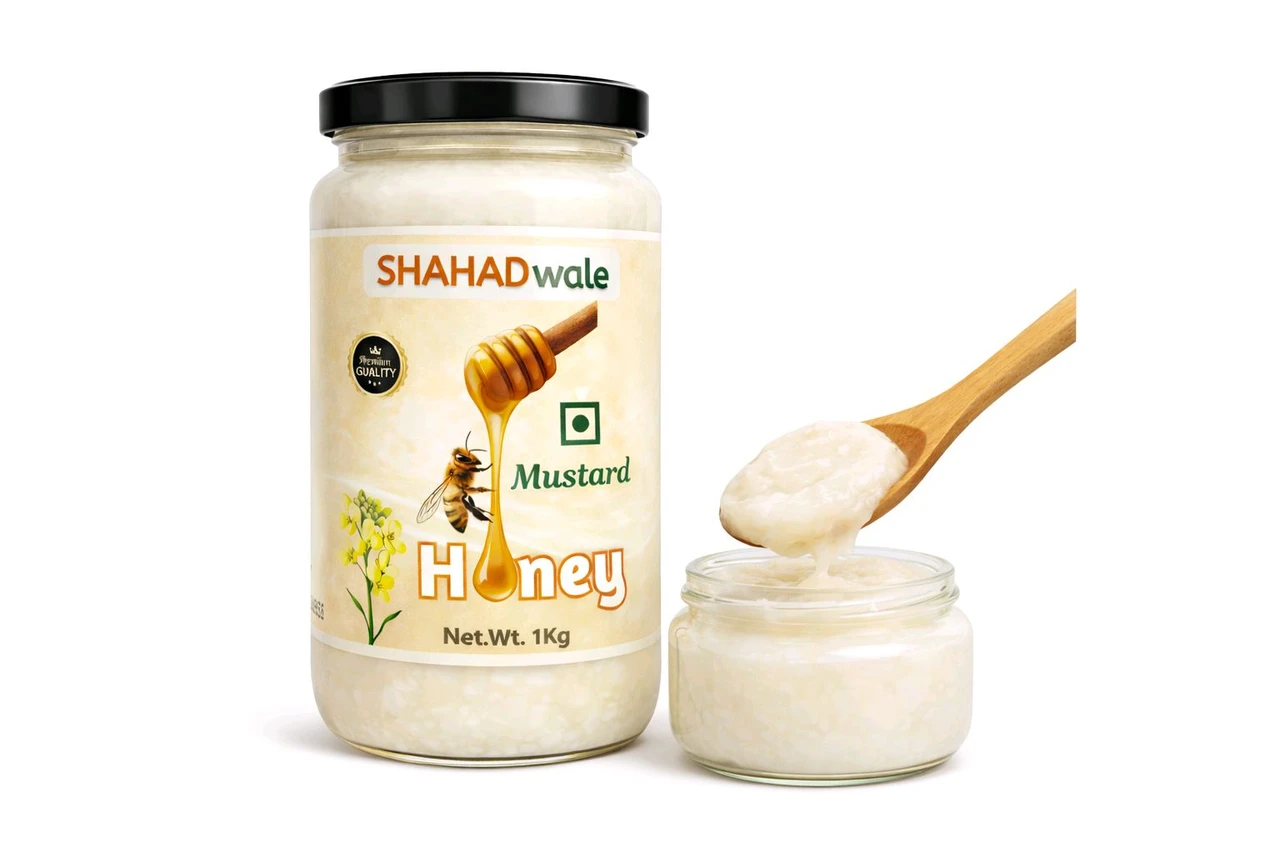SHAHADwale natural mustard honey jar, labelled unprocessed and pure